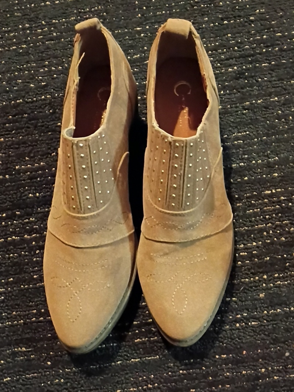 Women's Tan Suede Slip-On Ankle Boots with Stud Detail